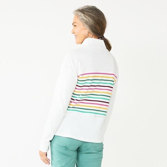 Croft & Barrow Mockneck Sweatshirt Ivory Multicolor Stripes Long Sleeve Size XL - Picture 2 of 8